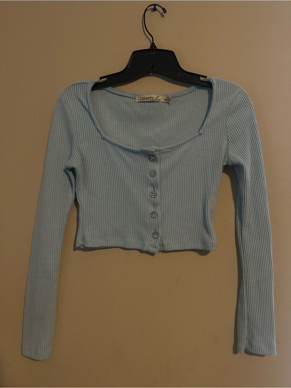 Liberty Love Light Blue Ribbed Button-Front Long Sleeve Cardigan